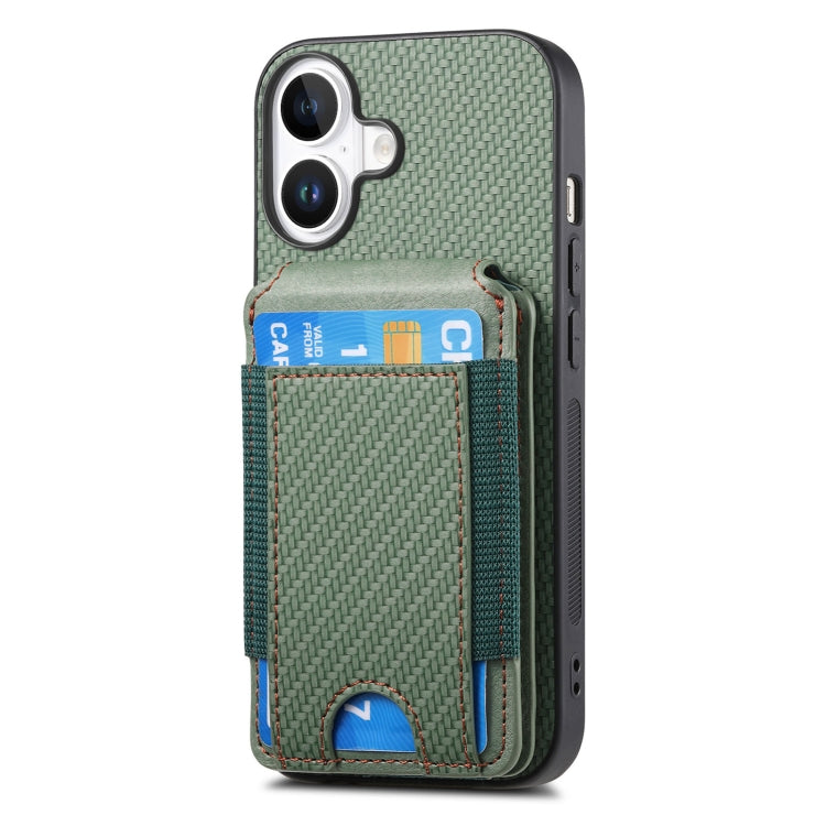 For iPhone 16 Carbon Fiber Vertical Flip Wallet Stand Phone Case(Green)