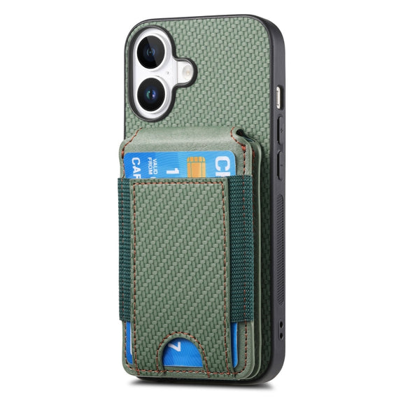 For iPhone 16 Carbon Fiber Vertical Flip Wallet Stand Phone Case(Green)