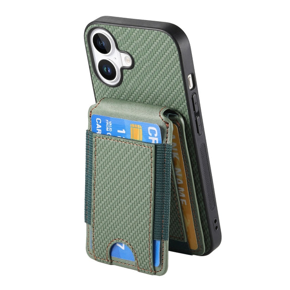For iPhone 16 Carbon Fiber Vertical Flip Wallet Stand Phone Case(Green)