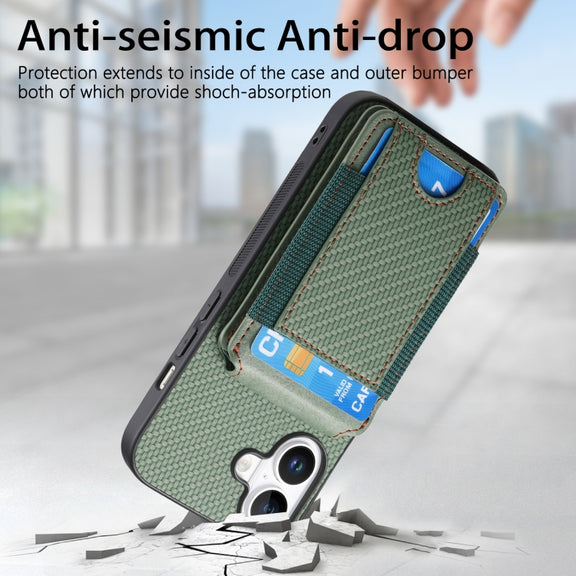 For iPhone 16 Carbon Fiber Vertical Flip Wallet Stand Phone Case(Green)