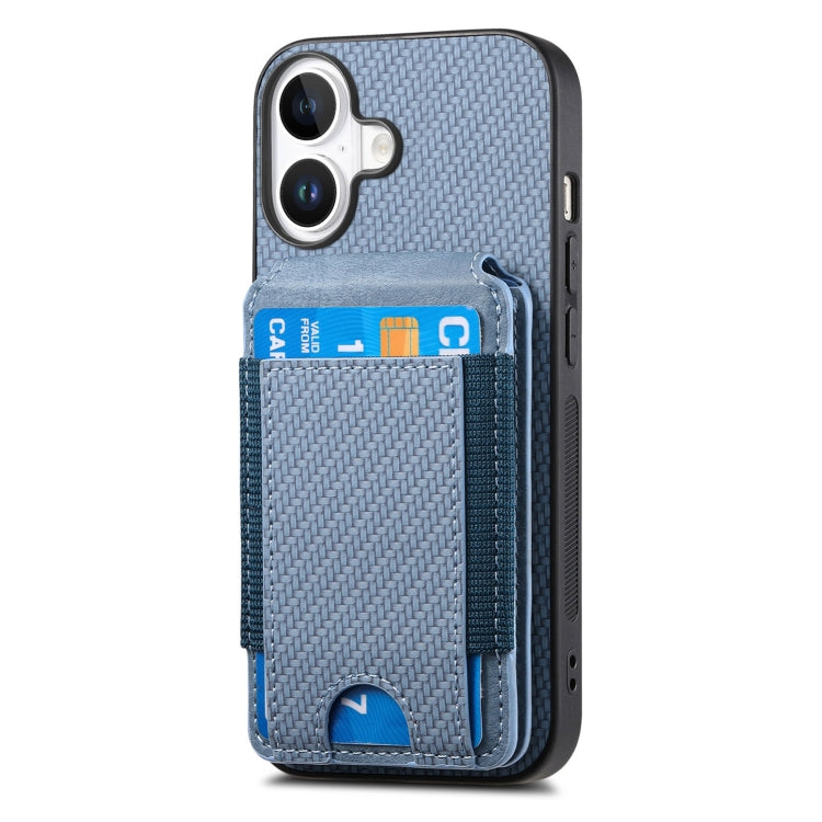 For iPhone 16 Plus Carbon Fiber Vertical Flip Wallet Stand Phone Case(Blue)