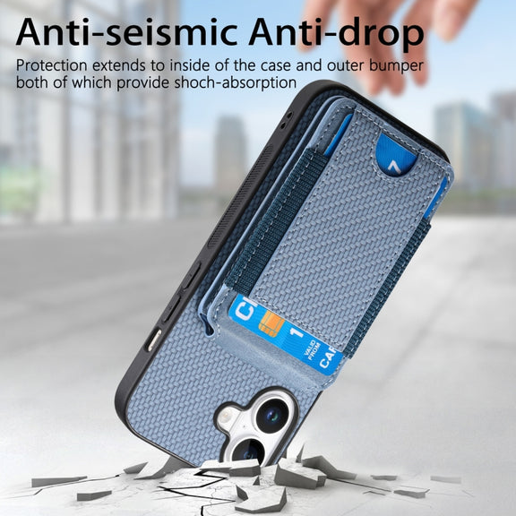 For iPhone 16 Plus Carbon Fiber Vertical Flip Wallet Stand Phone Case(Blue)