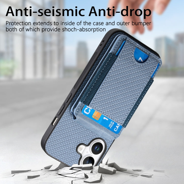 For iPhone 16 Plus Carbon Fiber Vertical Flip Wallet Stand Phone Case(Blue)