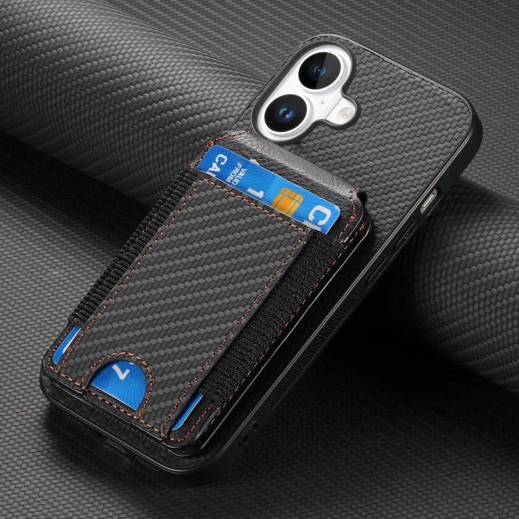 For iPhone 16 Plus Carbon Fiber Vertical Flip Wallet Stand Phone Case(Black)