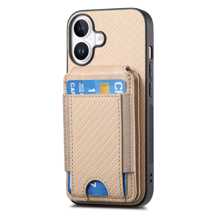 For iPhone 16 Plus Carbon Fiber Vertical Flip Wallet Stand Phone Case(Khaki)
