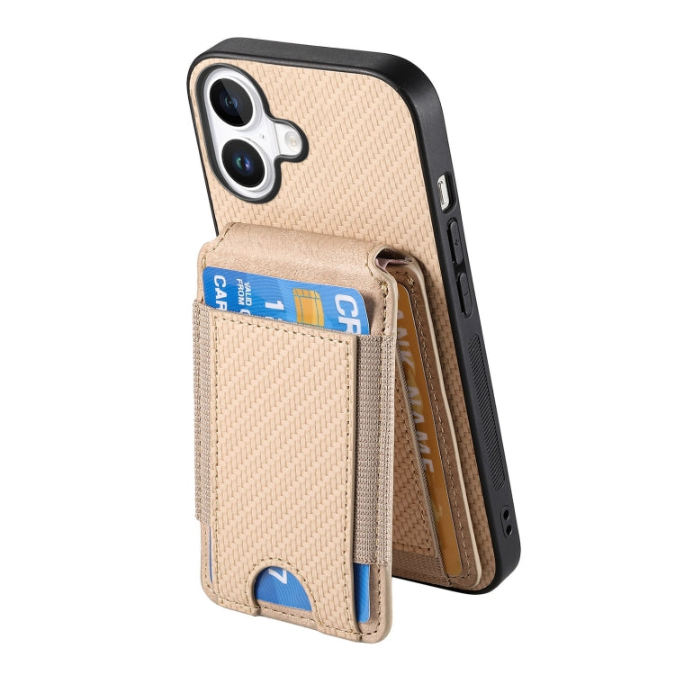 For iPhone 16 Plus Carbon Fiber Vertical Flip Wallet Stand Phone Case(Khaki)