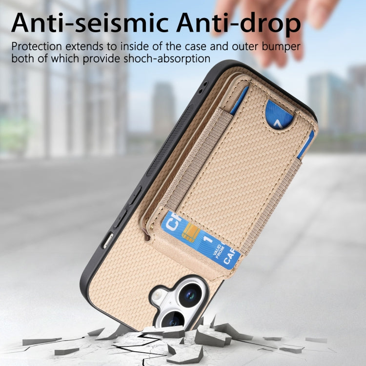 For iPhone 16 Plus Carbon Fiber Vertical Flip Wallet Stand Phone Case(Khaki)
