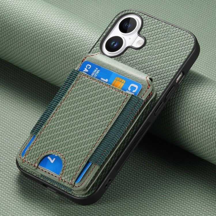 For iPhone 16 Plus Carbon Fiber Vertical Flip Wallet Stand Phone Case(Green)