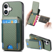 For iPhone 16 Plus Carbon Fiber Vertical Flip Wallet Stand Phone Case(Green)