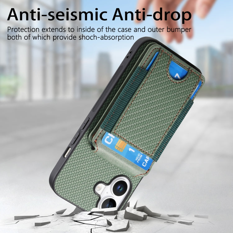 For iPhone 16 Plus Carbon Fiber Vertical Flip Wallet Stand Phone Case(Green)