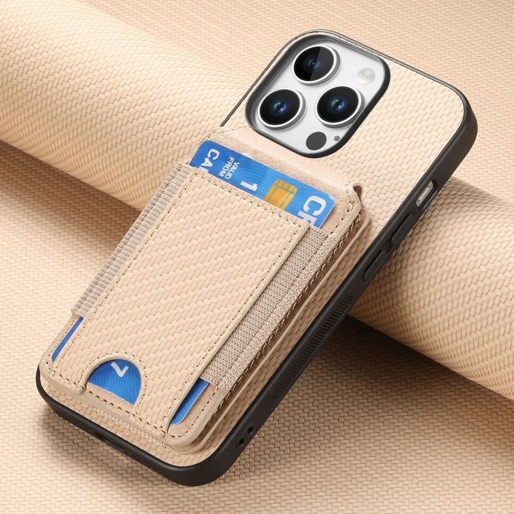 For iPhone 16 Pro Carbon Fiber Vertical Flip Wallet Stand Phone Case(Khaki)