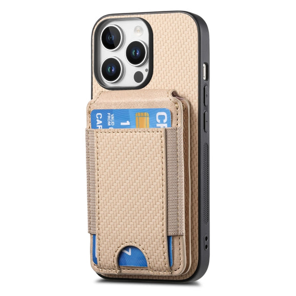 For iPhone 16 Pro Carbon Fiber Vertical Flip Wallet Stand Phone Case(Khaki)