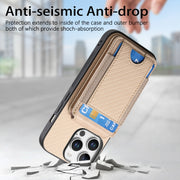 For iPhone 16 Pro Carbon Fiber Vertical Flip Wallet Stand Phone Case(Khaki)