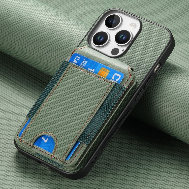 For iPhone 16 Pro Carbon Fiber Vertical Flip Wallet Stand Phone Case(Green)