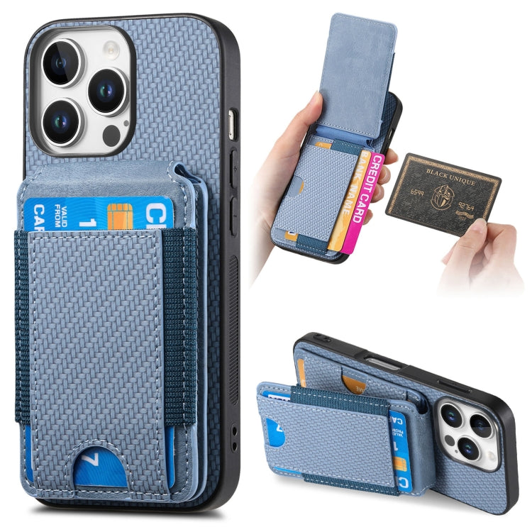 For iPhone 16 Pro Max Carbon Fiber Vertical Flip Wallet Stand Phone Case(Blue)