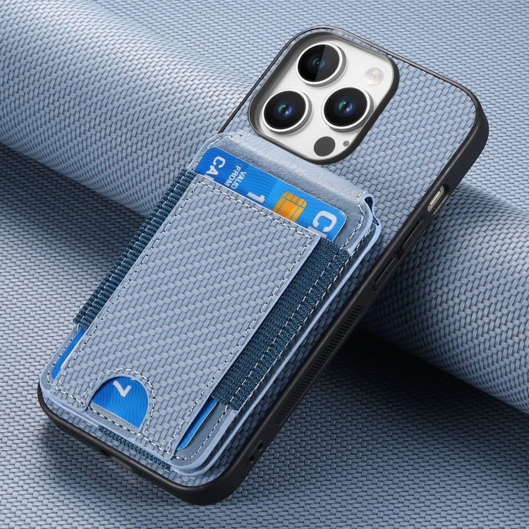 For iPhone 16 Pro Max Carbon Fiber Vertical Flip Wallet Stand Phone Case(Blue)