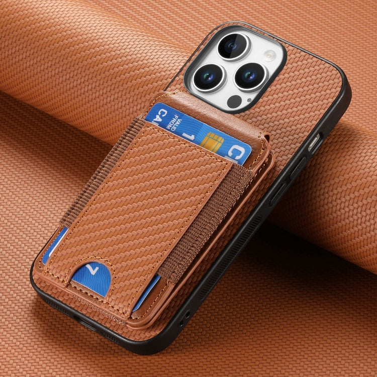 For iPhone 16 Pro Max Carbon Fiber Vertical Flip Wallet Stand Phone Case(Brown)