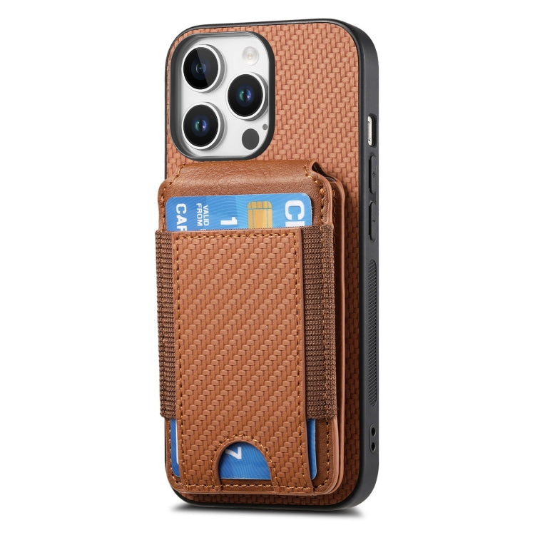 For iPhone 16 Pro Max Carbon Fiber Vertical Flip Wallet Stand Phone Case(Brown)