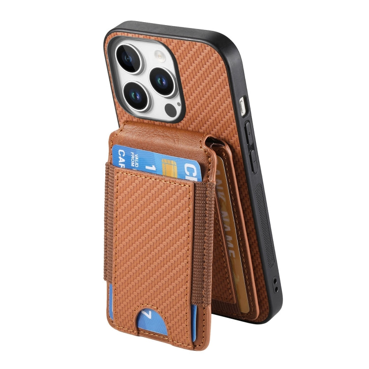 For iPhone 16 Pro Max Carbon Fiber Vertical Flip Wallet Stand Phone Case(Brown)