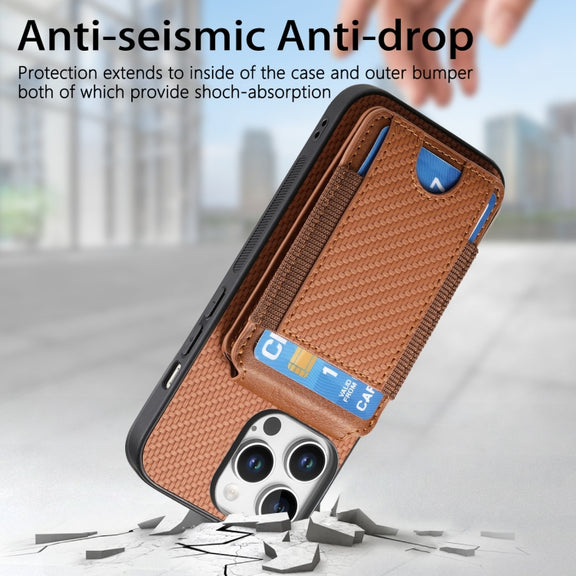 For iPhone 16 Pro Max Carbon Fiber Vertical Flip Wallet Stand Phone Case(Brown)