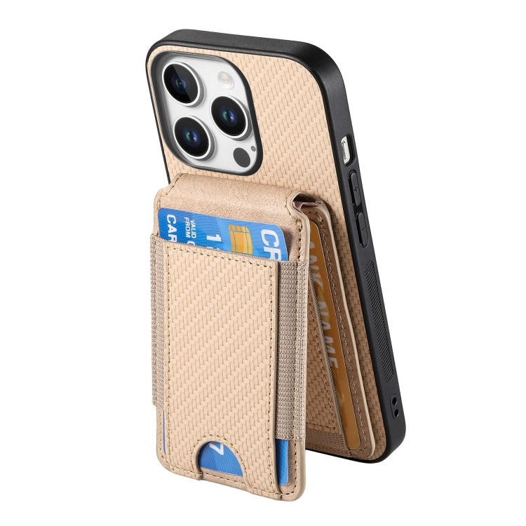For iPhone 16 Pro Max Carbon Fiber Vertical Flip Wallet Stand Phone Case(Khaki)