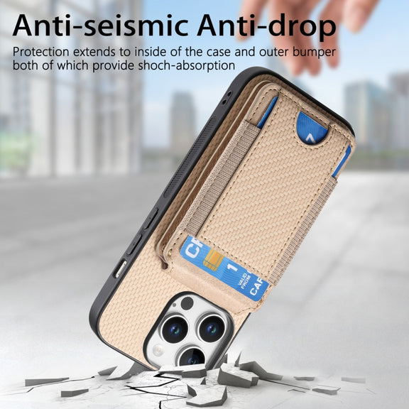 For iPhone 16 Pro Max Carbon Fiber Vertical Flip Wallet Stand Phone Case(Khaki)