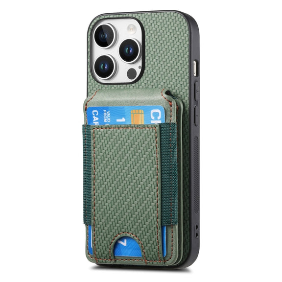 For iPhone 16 Pro Max Carbon Fiber Vertical Flip Wallet Stand Phone Case(Green)