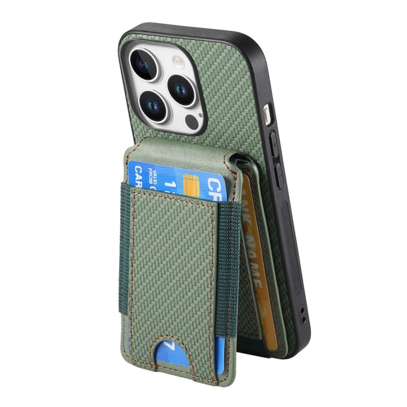 For iPhone 16 Pro Max Carbon Fiber Vertical Flip Wallet Stand Phone Case(Green)