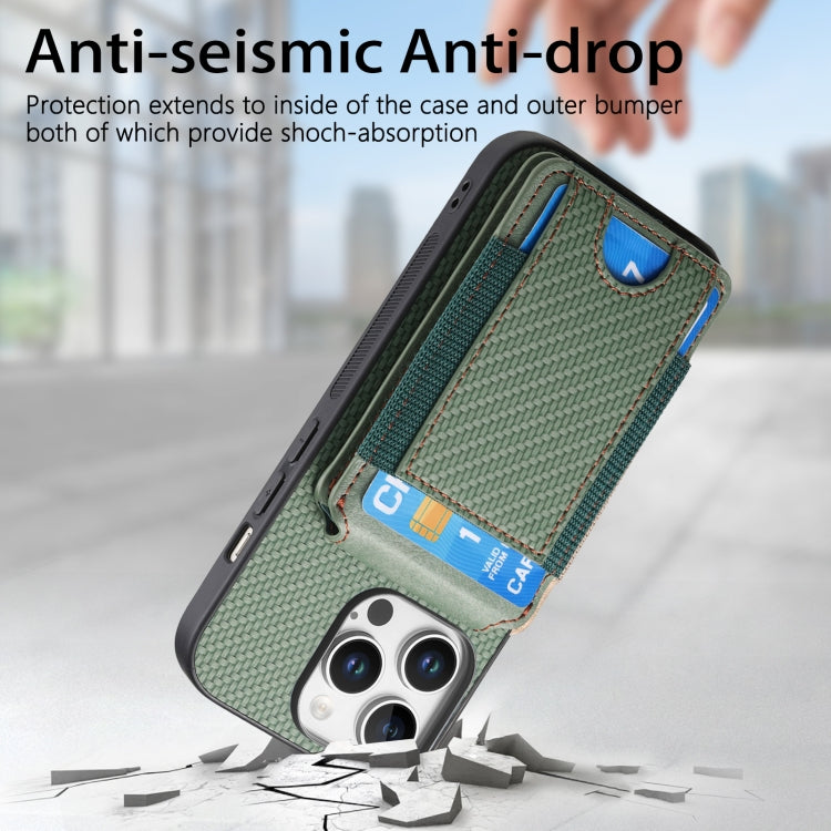 For iPhone 16 Pro Max Carbon Fiber Vertical Flip Wallet Stand Phone Case(Green)