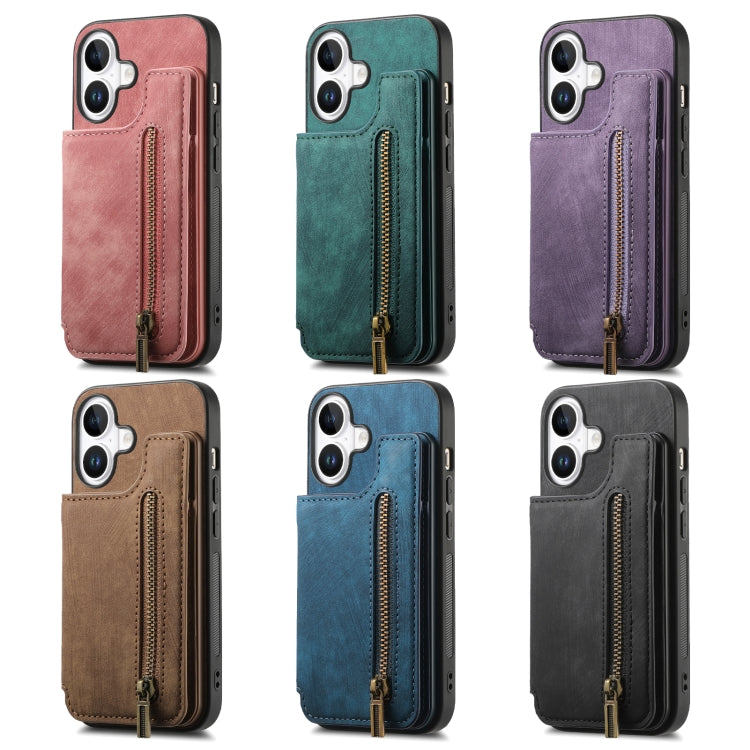 For iPhone 16e Retro Leather Zipper Wallet Back Phone Case(Blue)