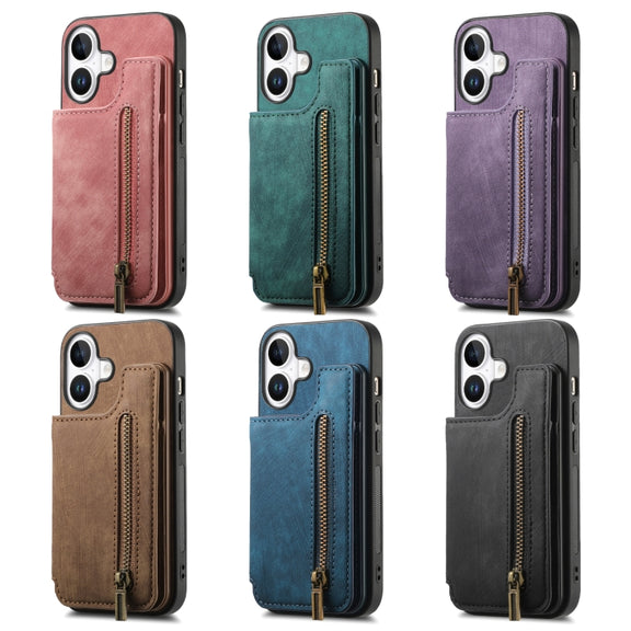 For iPhone 16e Retro Leather Zipper Wallet Back Phone Case(Blue)