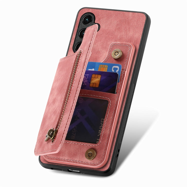 For Samsung Galaxy S25 5G Retro Leather Zipper Wallet Back Phone Case(Pink)