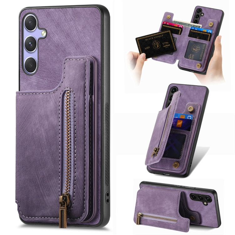 For Samsung Galaxy S25 5G Retro Leather Zipper Wallet Back Phone Case(Purple)
