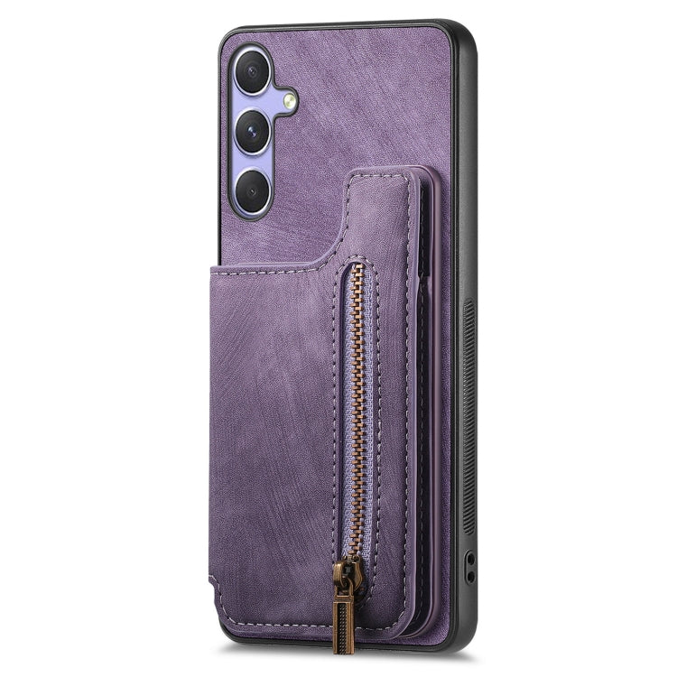 For Samsung Galaxy S25 5G Retro Leather Zipper Wallet Back Phone Case(Purple)