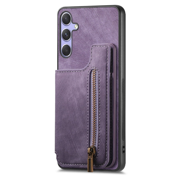For Samsung Galaxy S25 5G Retro Leather Zipper Wallet Back Phone Case(Purple)