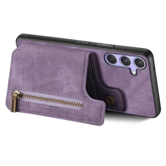 For Samsung Galaxy S25 5G Retro Leather Zipper Wallet Back Phone Case(Purple)