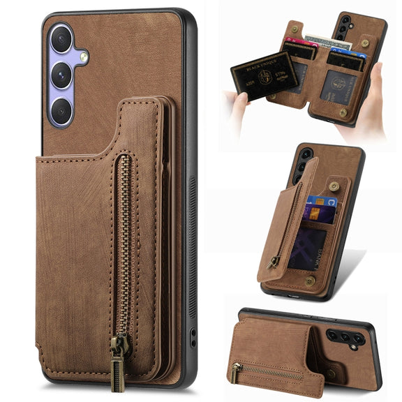 For Samsung Galaxy S25 5G Retro Leather Zipper Wallet Back Phone Case(Brown)