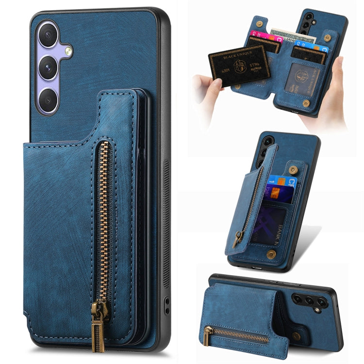 For Samsung Galaxy S25 5G Retro Leather Zipper Wallet Back Phone Case(Blue)