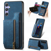 For Samsung Galaxy S25 5G Retro Leather Zipper Wallet Back Phone Case(Blue)
