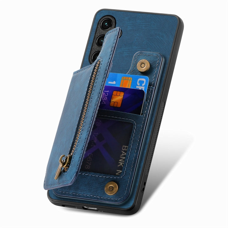 For Samsung Galaxy S25 5G Retro Leather Zipper Wallet Back Phone Case(Blue)