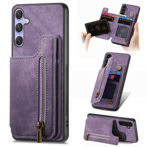For Samsung Galaxy S25+ 5G Retro Leather Zipper Wallet Back Phone Case(Purple)
