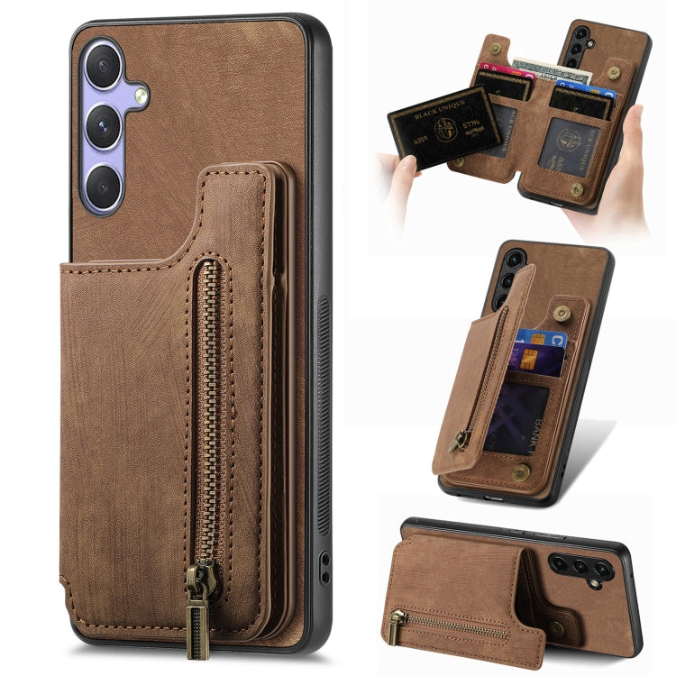 For Samsung Galaxy S25+ 5G Retro Leather Zipper Wallet Back Phone Case(Brown)