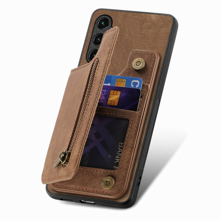 For Samsung Galaxy S25+ 5G Retro Leather Zipper Wallet Back Phone Case(Brown)