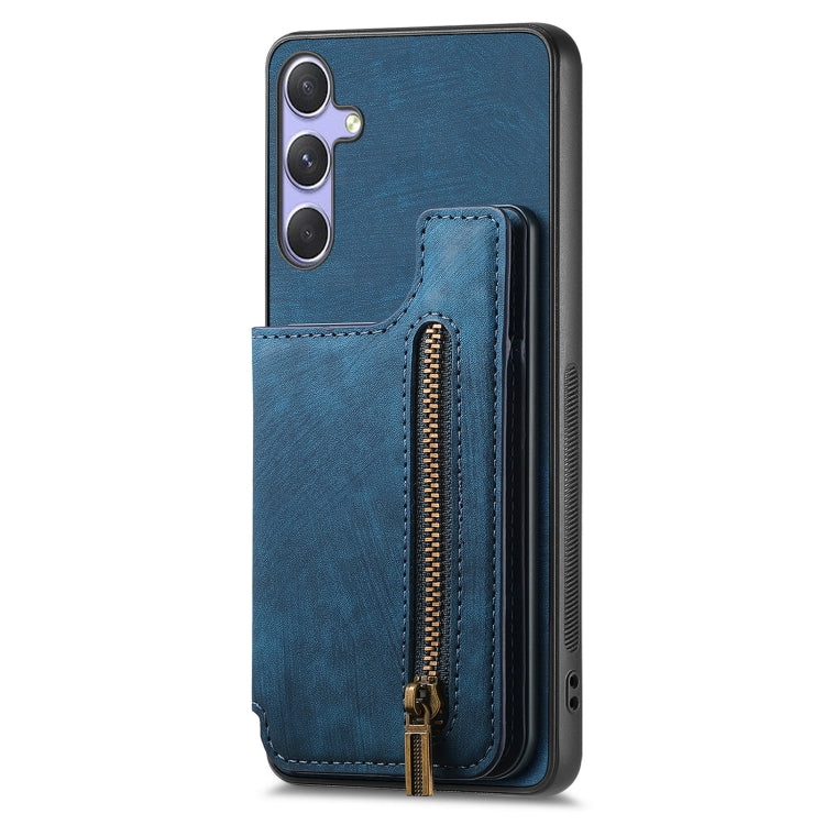For Samsung Galaxy S25+ 5G Retro Leather Zipper Wallet Back Phone Case(Blue)