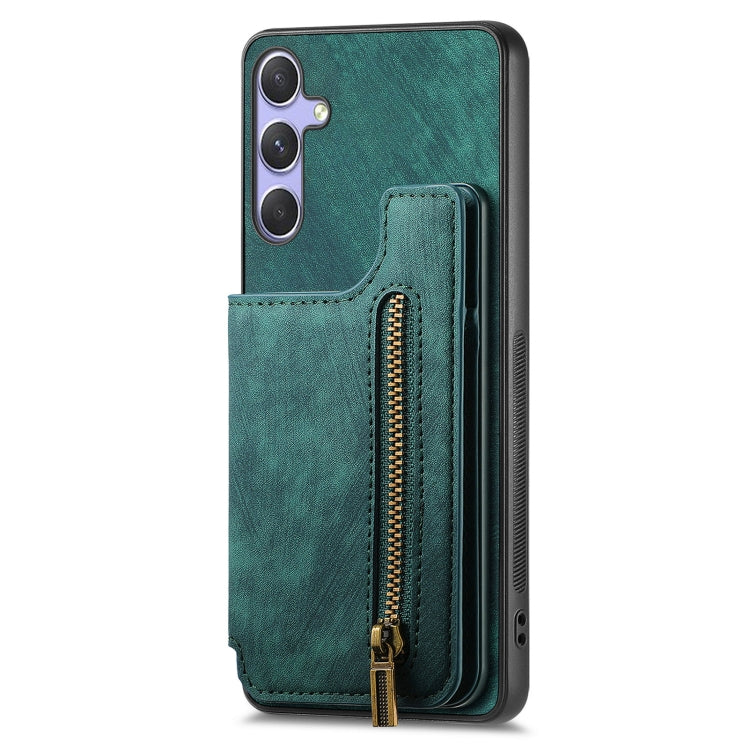 For Samsung Galaxy S25+ 5G Retro Leather Zipper Wallet Back Phone Case(Green)
