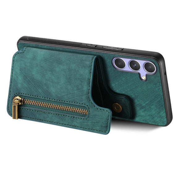 For Samsung Galaxy S25+ 5G Retro Leather Zipper Wallet Back Phone Case(Green)