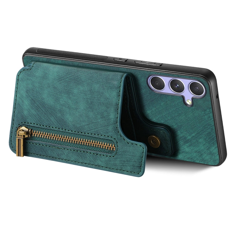 For Samsung Galaxy S25+ 5G Retro Leather Zipper Wallet Back Phone Case(Green)