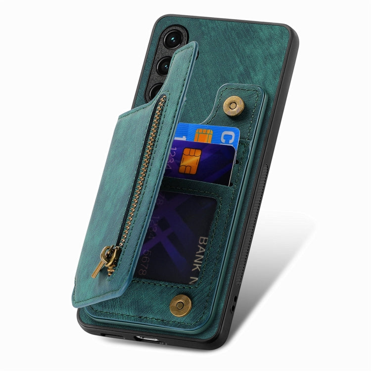 For Samsung Galaxy S25+ 5G Retro Leather Zipper Wallet Back Phone Case(Green)