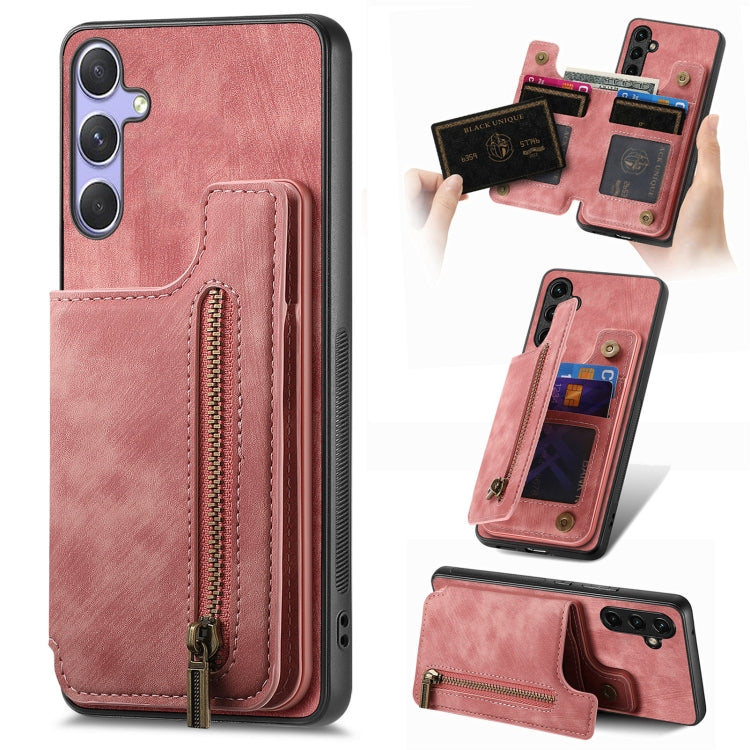For Samsung Galaxy S25 Ultra 5G Retro Leather Zipper Wallet Back Phone Case(Pink)