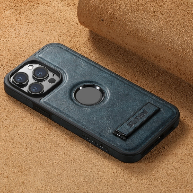 For iPhone 15 Pro Max Suteni G2 Magsafe Oil Wax Leather Back Phone Case with Holder(Blue)